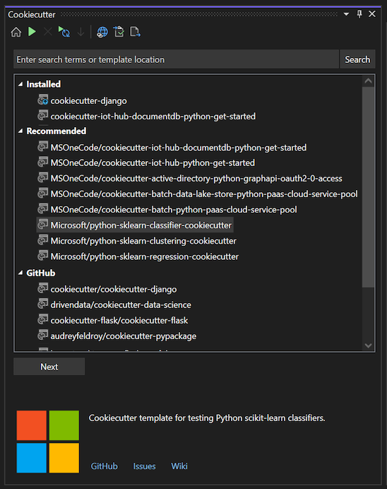 显示如何从 Visual Studio 2022 中的 Cookiecutter 模板创建新项目的屏幕截图。