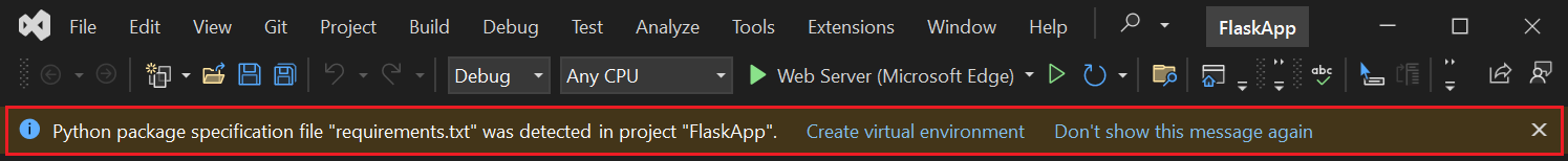提示指示在 Visual Studio 中检测到项目要求文件的屏幕截图。