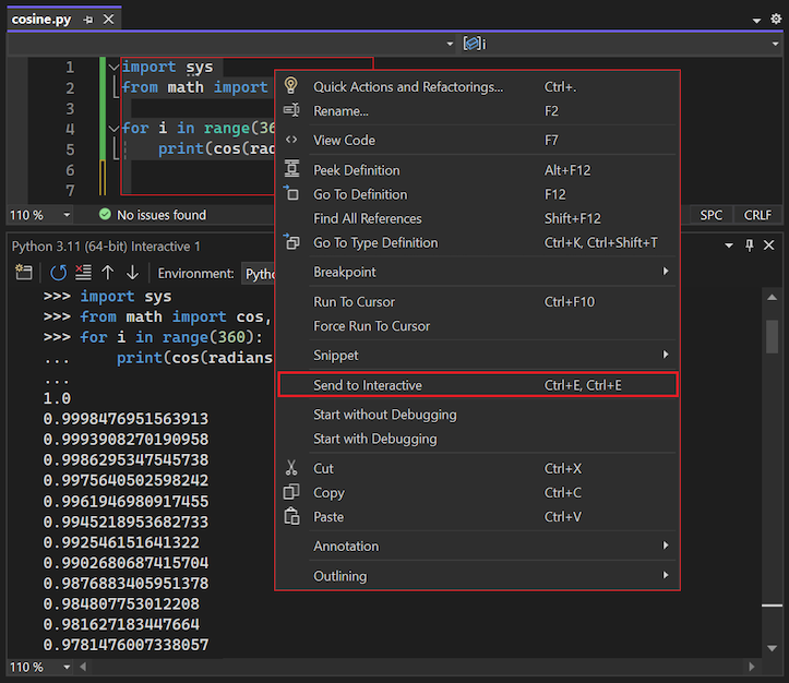 显示如何在 Visual Studio 2022 中使用“发送到交互”菜单选项的屏幕截图。