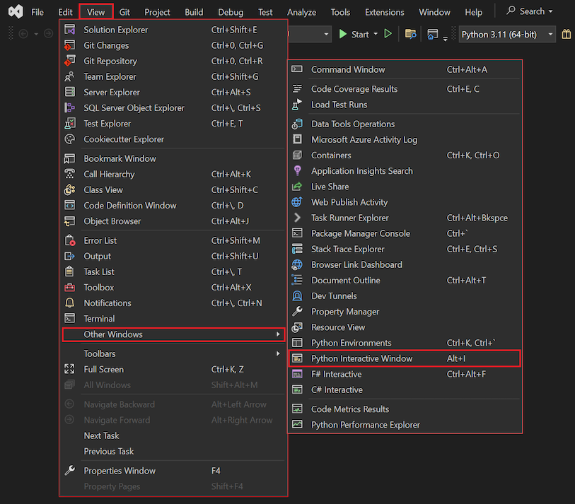 显示如何在 Visual Studio 2022 中使用“查看 Python 交互式窗口”菜单选项的屏幕截图。