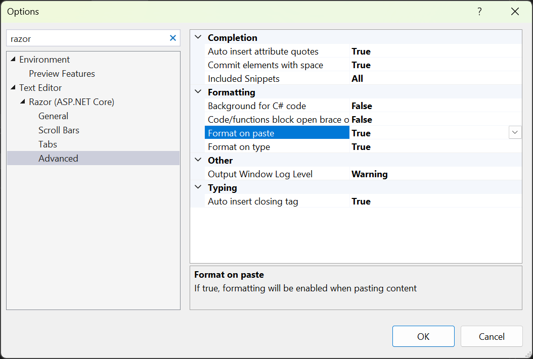 对 Razor 禁用“在粘贴时进行格式设置”