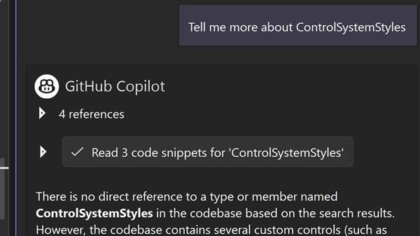 一张显示 Copilot Chat 界面中增强的语义代码搜索结果的屏幕截图，该结果的相关性和准确性得到了提高