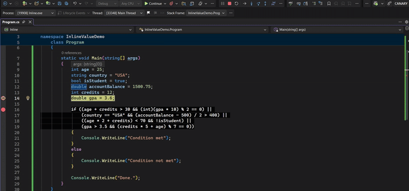 视频演示显示内联 if 语句的评估，调试期间直接在条件表达式旁边显示真/假结果