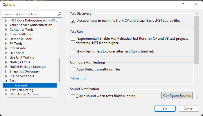 Visual Studio 中的“自动检测 runsettings 文件”选项