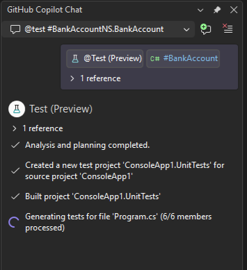 Copilot 启动测试生成时的屏幕截图。