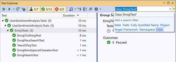 测试资源管理器中筛选器测试的屏幕截图。