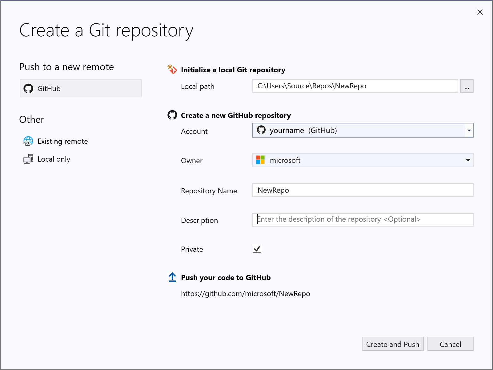 Visual Studio 中的“创建 Git 存储库”对话框。