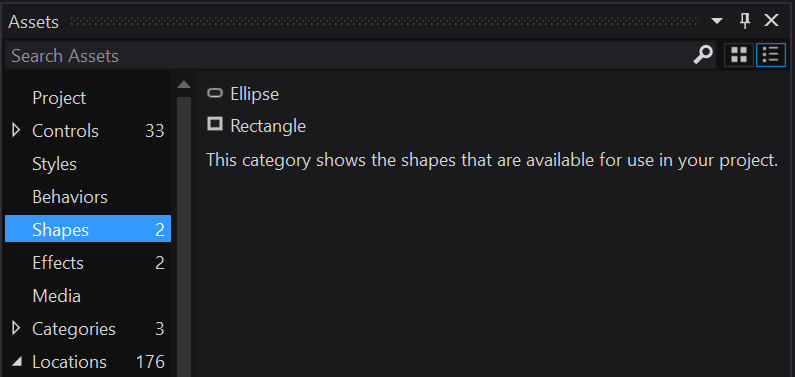 Blend for Visual Studio 中“资产”窗口的“形状”类别的屏幕截图