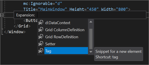 XAML 代码编辑器，其中 XAML 代码片段选项显示在 IntelliSense