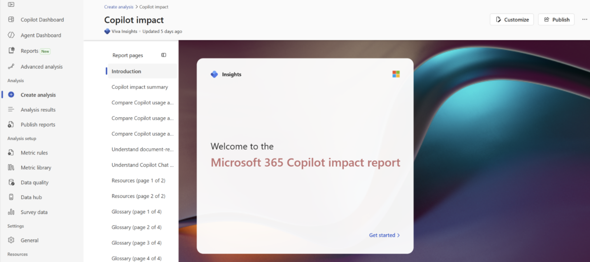 显示“智能 Microsoft 365 Copilot 副驾驶®影响报告简介”页的屏幕截图。