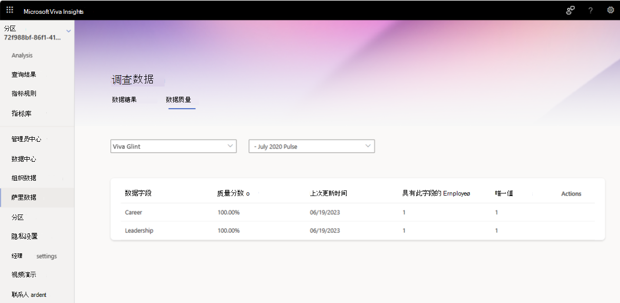 显示“调查数据质量”选项卡的屏幕截图。