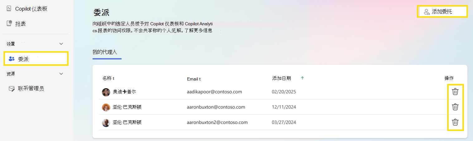 显示如何委派访问权限和撤销访问权限的屏幕截图。