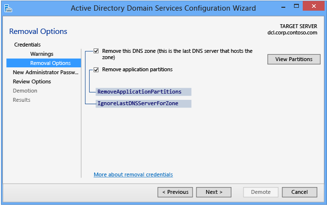 显示 Active Directory 域服务配置向导的“删除选项”页的屏幕截图。