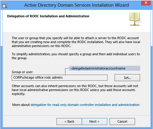 Azure Directory 域服务安装向导的“委托 RODC 安装和管理”页的屏幕截图。