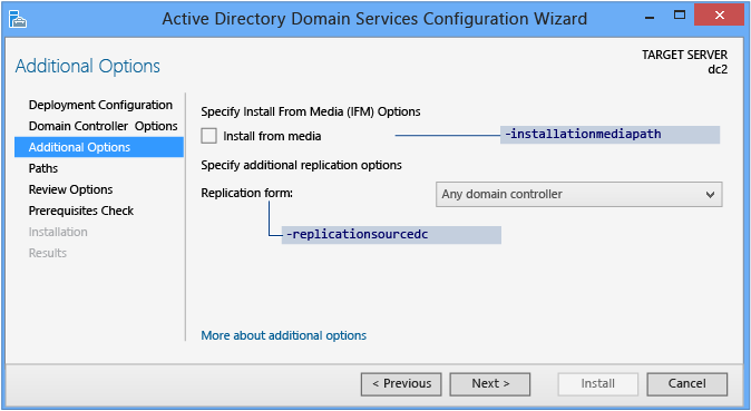 屏幕截图显示 Active Directory 域服务配置向导的“其他选项”页。