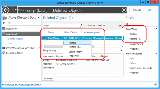 屏幕截图突出显示用于将对象还原到其原始位置的菜单。