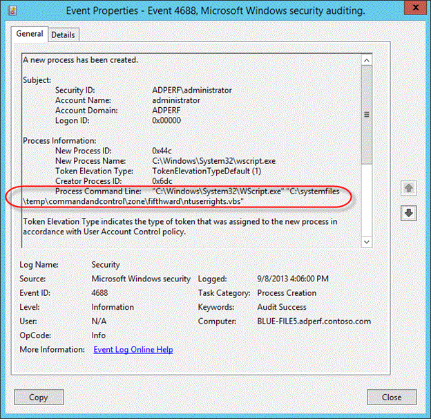 突出显示“进程命令行”的屏幕截图。