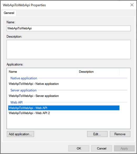 “WebApiToWebApi 属性”对话框的屏幕截图，其中突出显示了 WebApiToWebApi - Web API 应用程序。