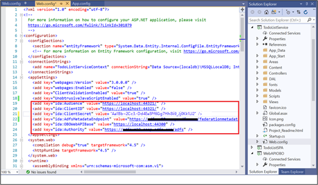 ToDoListService 下的 Web 配置文件的屏幕截图，其中显示了修改后的值。