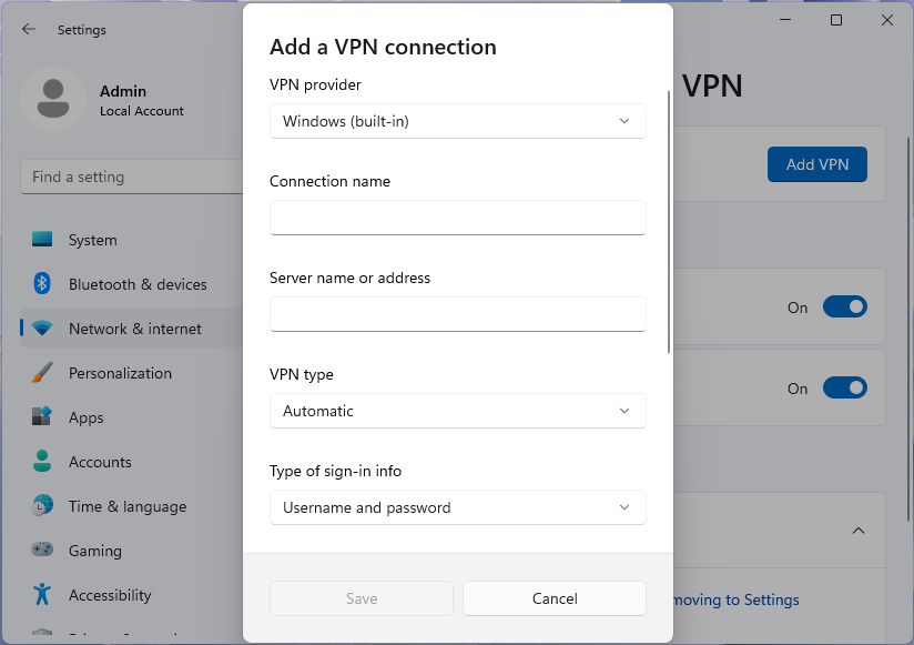Windows 11 设置应用中“添加 VPN 连接”对话框的屏幕截图。