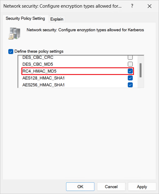 网络安全的屏幕截图：在 Windows 中配置 Kerberos 策略设置允许的加密类型，其中选中并突出显示了 RC4。