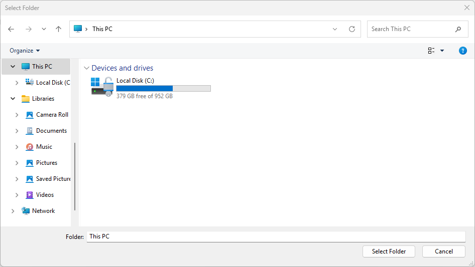 查看 C 驱动器的文件夹选取器屏幕截图。