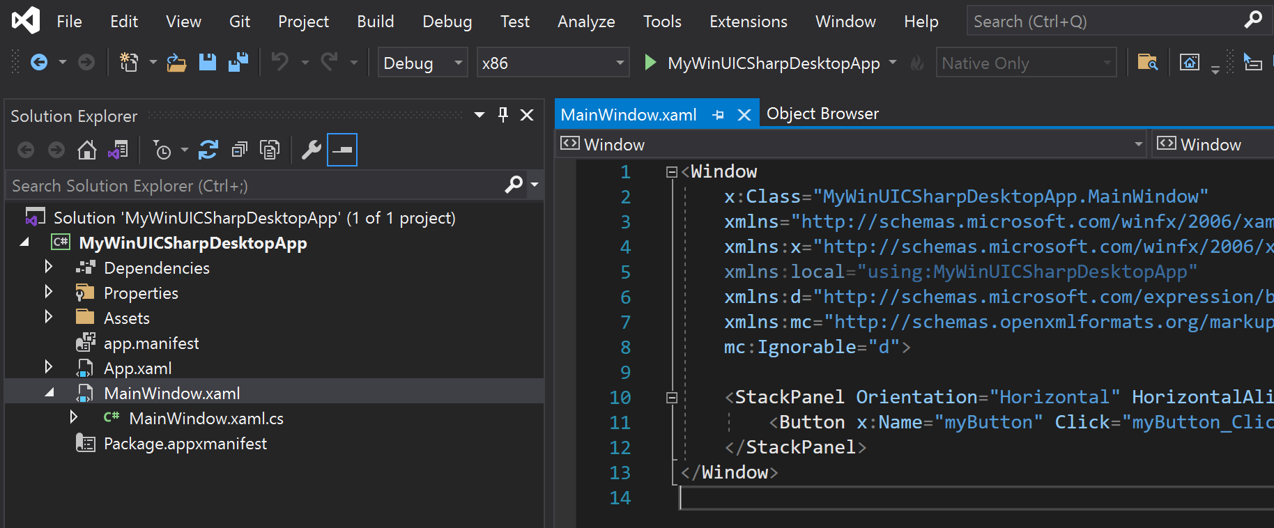 Visual Studio 的屏幕截图,其中显示“解决方案资源管理器”窗格以及单项目 MSIX 的 MainWindow.xaml.cs 文件的内容。