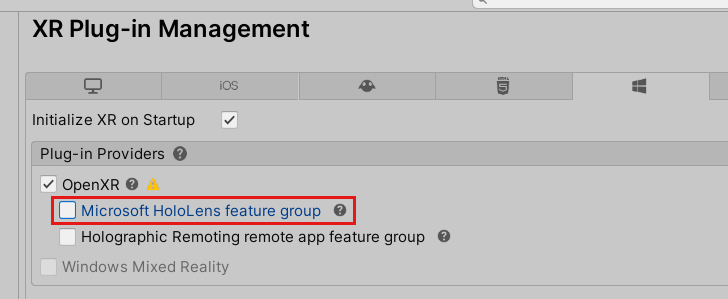 项目设置窗口的屏幕截图，其中突出显示了 OpenXR 插件和Microsoft HoloLens功能组。