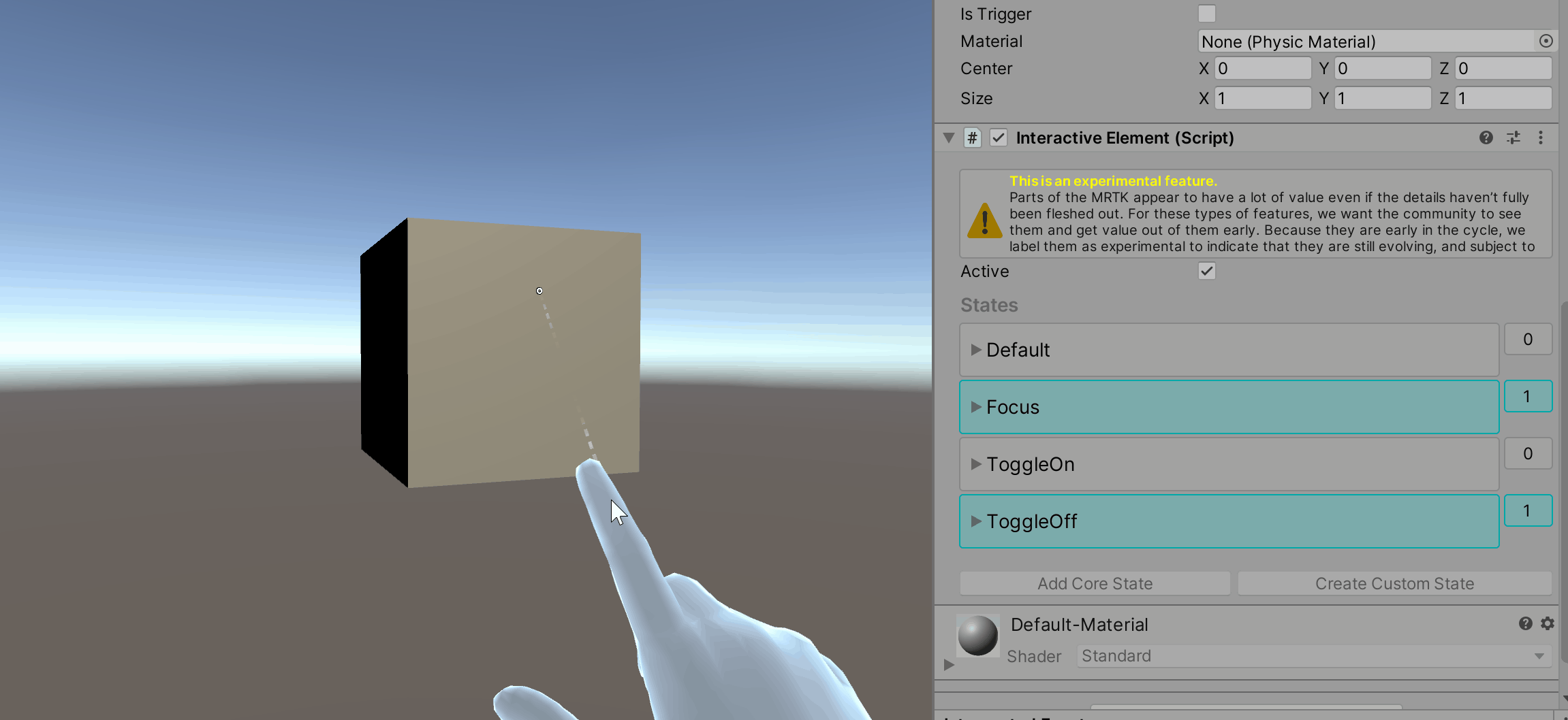 Toggle on and off with virtual hand interactions
