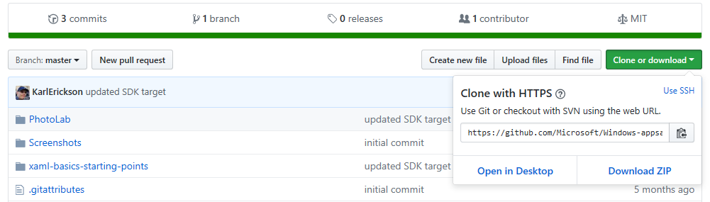 PhotoLab 示例 GitHub 页面上的“克隆”或“下载”菜单