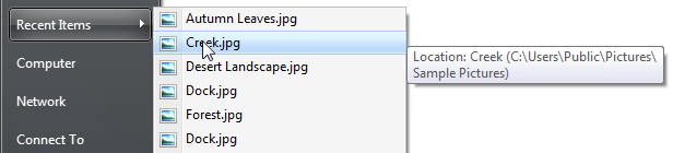 最近项列表旁的信息提示的屏幕截图 