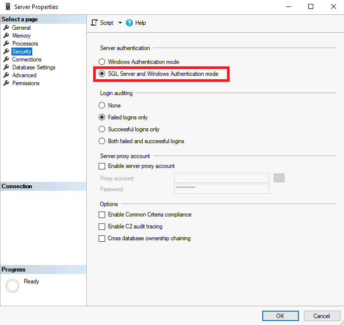螢幕擷取畫面，顯示 [伺服器屬性視窗] 的 [安全性] 頁面，其中包含選取驗證模式的選項。