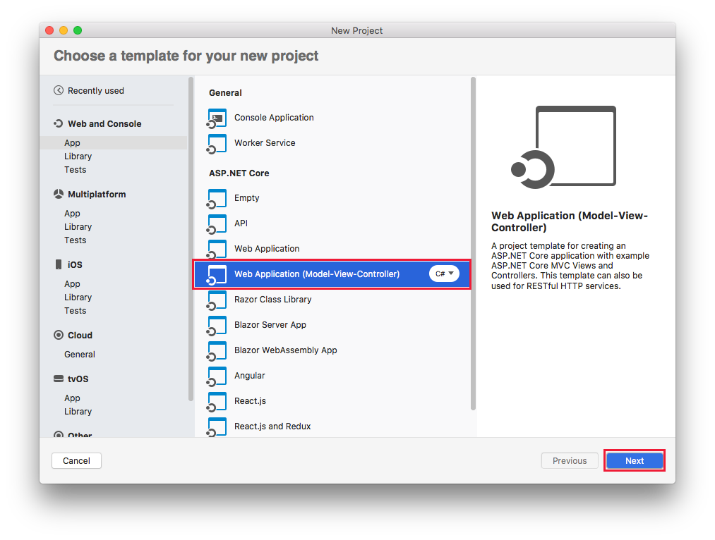 macOS Web 應用程式範本選取項目