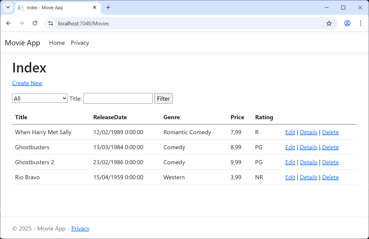 在 Microsoft Edge 中開啟 MVC 電影應用程式顯示電影資料