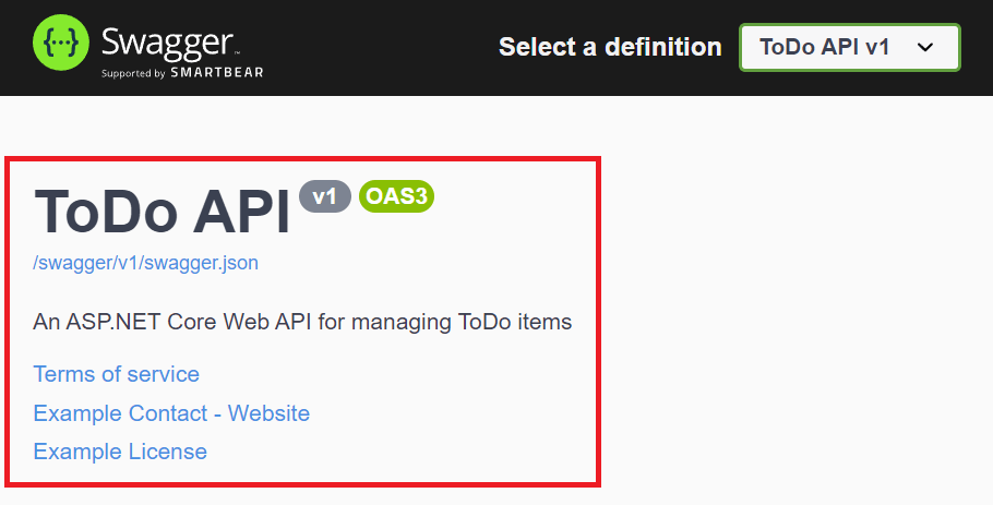Swagger UI 包含版本資訊：描述、作者及授權。