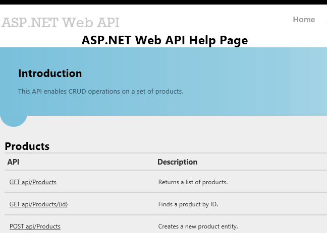 ASP dot NET API 說明頁面的螢幕擷取畫面,顯示可供選擇的可用 API 產品及其說明。