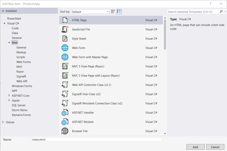 「新增項目」功能表選項的螢幕擷取畫面,顯示了 Web 選擇及其中可用的選項。
