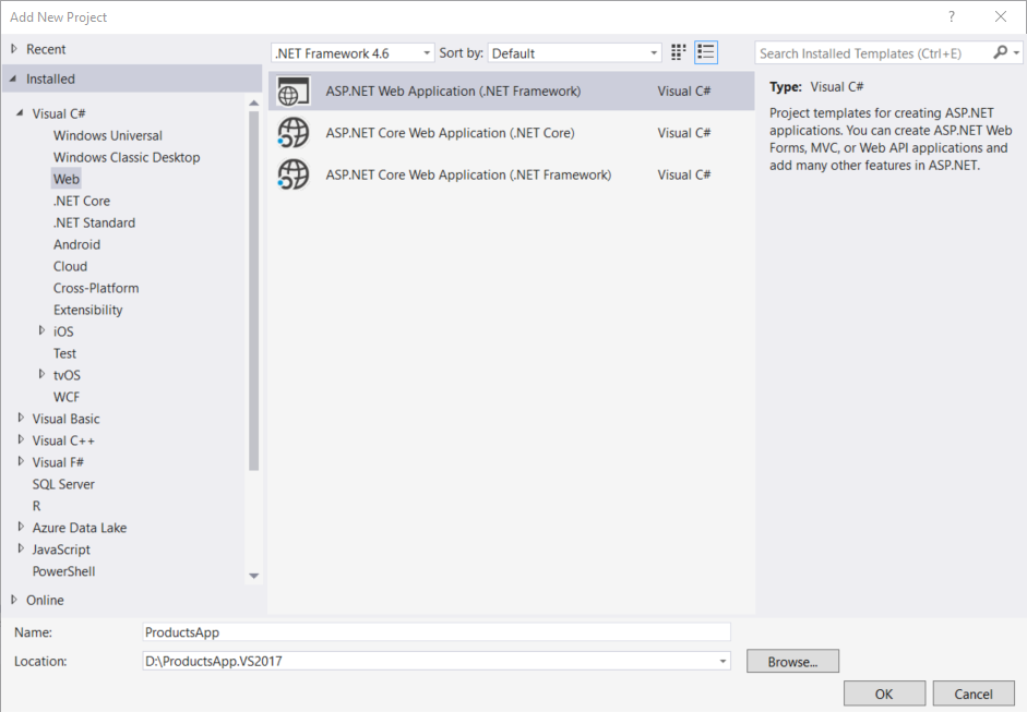「新增專案」範本選項的螢幕擷取畫面,醒目顯示了建立新專案的步驟和選擇。