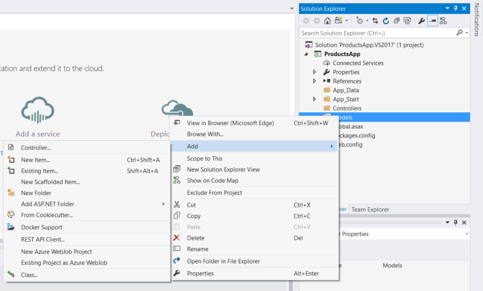 方案總管功能表的螢幕擷取畫面,顯示位於模型資料夾中的選項,顯示如何新增類別。