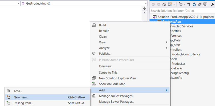 方案總管功能表的螢幕擷取畫面,其中醒目顯示產品應用程式選項,以顯示其功能表選項來新增項目。