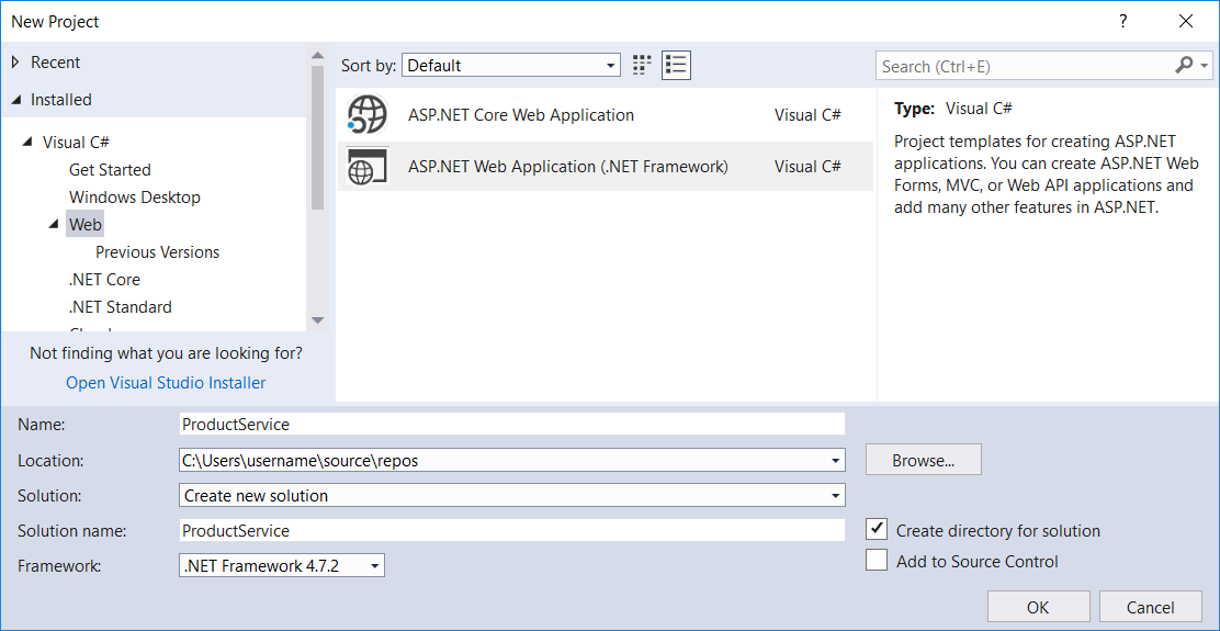 Visual Studio 新專案視窗的螢幕擷取畫面,顯示了使用 .NET Framework 建立 ASP.NET Web 應用程式的功能表選項。