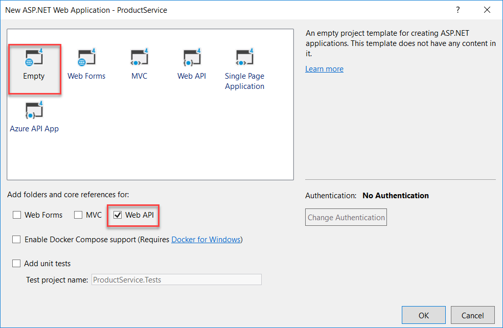 ASP.NET Web 應用程式的螢幕擷取畫面,顯示了用於建立具有 Web API 資料夾和核心參考的應用程式的可用範本。
