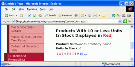 對於庫存數量為10或更少的產品，用紅色顯示