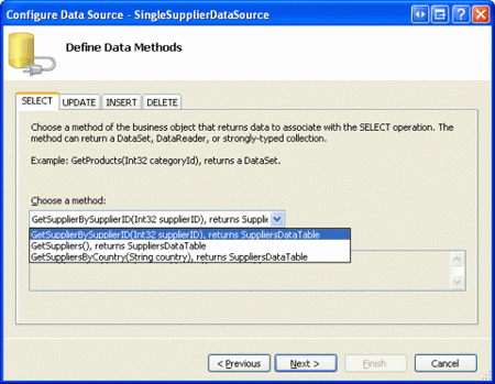 將 SingleSupplierDataSource ObjectDataSource 設定為使用 GetSupplierBySupplierID（supplierID） 方法