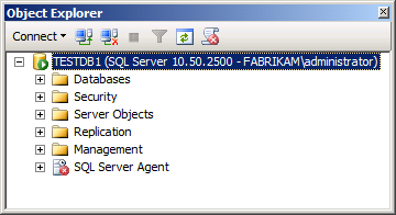 在「Object Explorer」窗格中,以滑鼠以滑鼠右鍵按一下父伺服器節點 (例如,TESTDB1),然後按一下「重新啟動」。