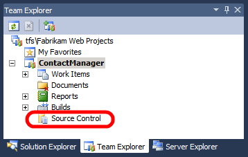 在 Visual Studio 2010 中,在「Team Explorer」視窗中,展開團隊項目,然後按兩下「原始檔控制」。
