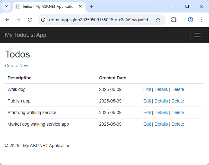 顯示 Azure App Service 中已發佈 ASP.NET 應用程式的螢幕快照。