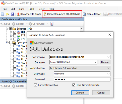 顯示 [連線至 Azure SQL Database] 的螢幕快照。