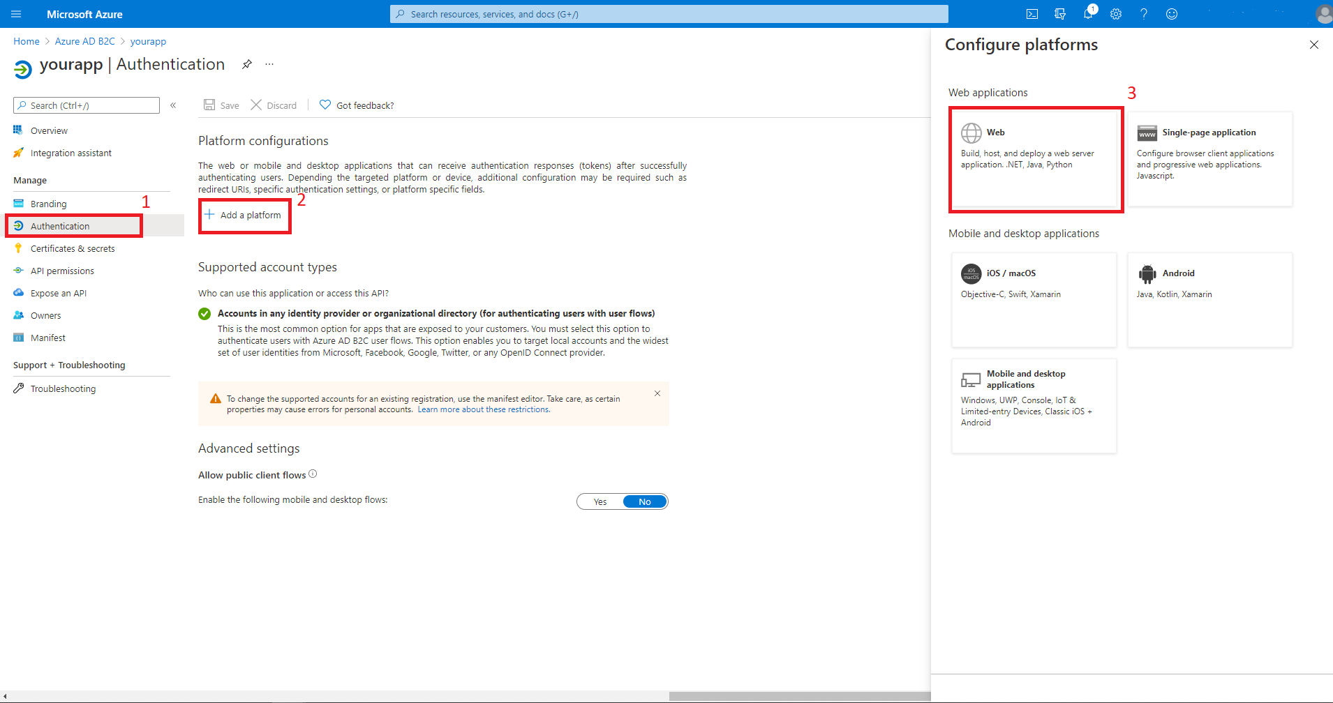驗證選取的選項後，請新增平台和網頁。