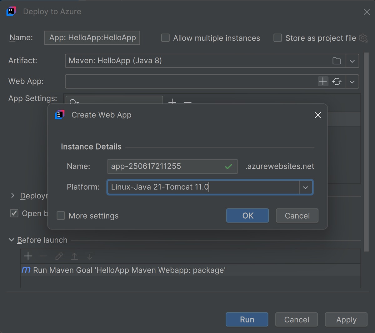 部署至 Azure 對話框視窗。